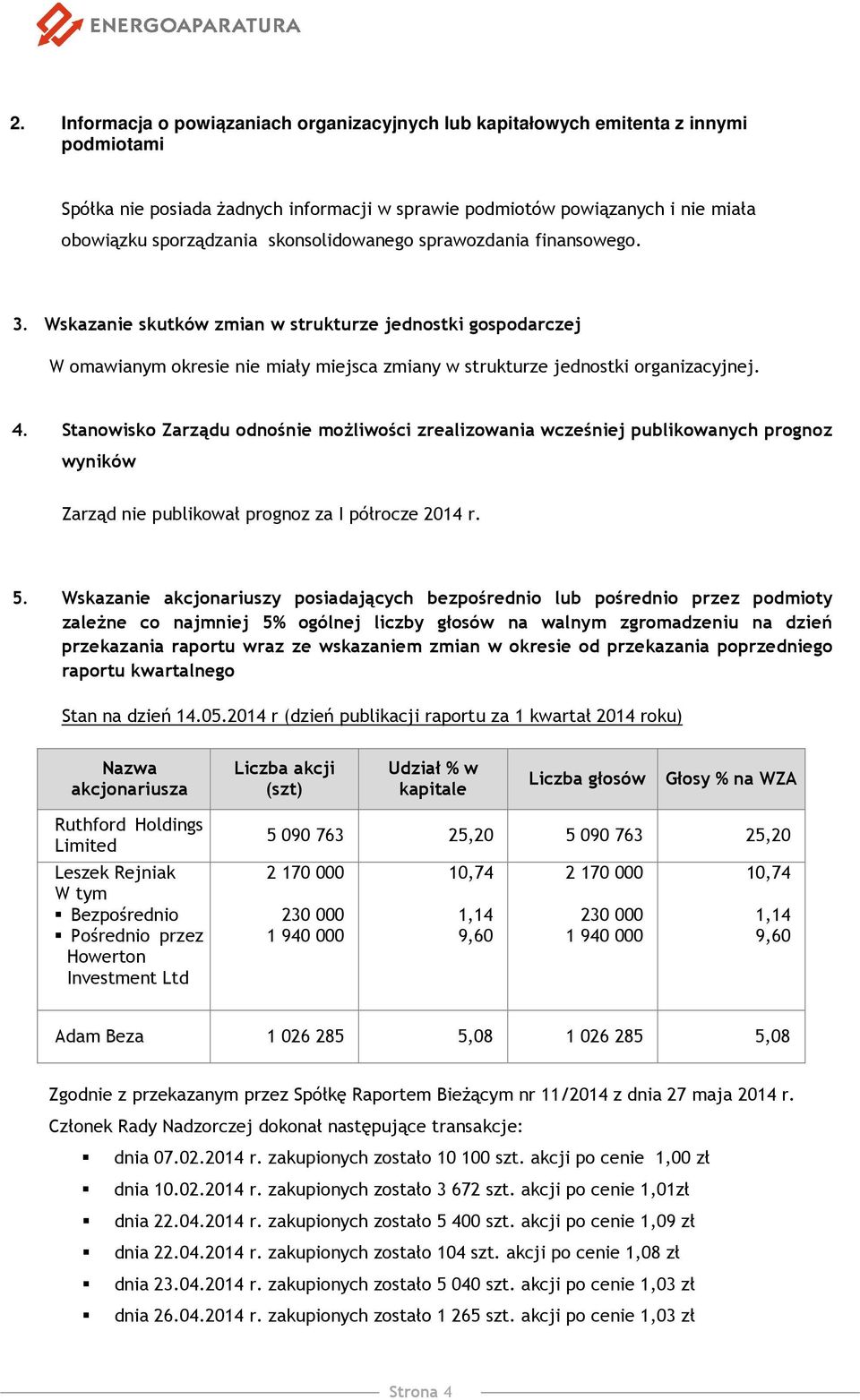 Stanowisko Zarządu odnośnie możliwości zrealizowania wcześniej publikowanych prognoz wyników Zarząd nie publikował prognoz za I półrocze 2014 r. 5.