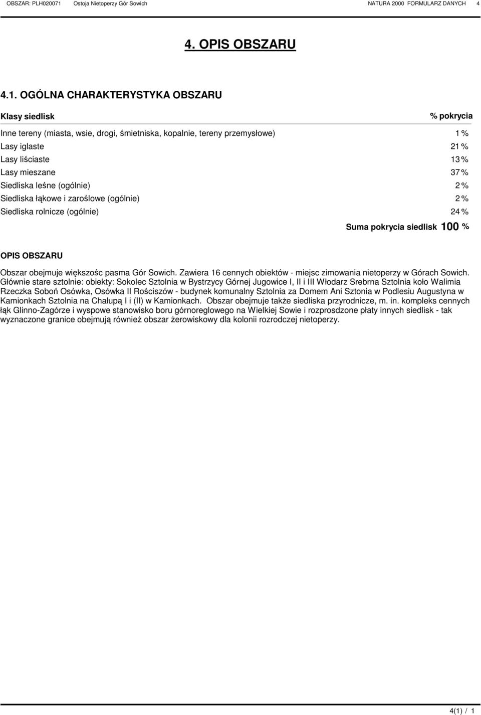 Siedliska leśne (ogólnie) 2 % Siedliska łąkowe i zaroślowe (ogólnie) 2 % Siedliska rolnicze (ogólnie) 24 % Suma pokrycia siedlisk 100 % OPIS OBSZARU Obszar obejmuje większośc pasma Gór Sowich.