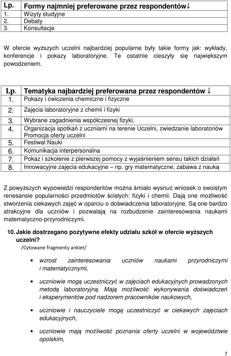 . Tematyka najbardziej preferowana przez respondentów 1. Pokazy i ćwiczenia chemiczne i fizyczne 2. Zajęcia laboratoryjne z chemii i fizyki 3. Wybrane zagadnienia współczesnej fizyki, 4.