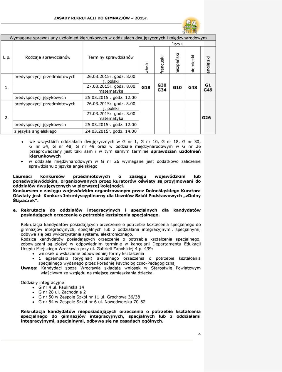 00 predyspozycji przedmiotowych 26.03.2015r. godz. 8.00 j. polski 27.03.2015r. godz. 8.00 matematyka predyspozycji językowych 25.03.2015r. godz. 12.