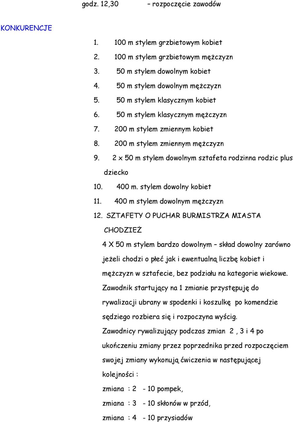 400 m. stylem dowolny kobiet 11. 400 m stylem dowolnym mężczyzn 12.