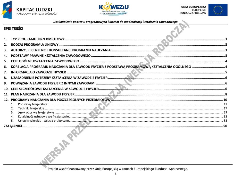 UZASADNIENIE OTRZEBY KSZTAŁENIA W ZAWODZIE FRYZJER... 6 9. OWIĄZANIA ZAWODU FRYZJER Z INNYMI ZAWODAMI... 6 10. ELE SZZEGÓŁOWE KSZTAŁENIA W ZAWODZIE FRYZJER... 6 11. LAN NAUZANIA DLA ZAWODU FRYZJER.