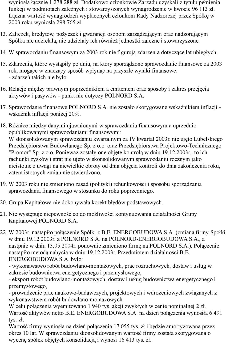 Zaliczek, kredytów, pożyczek i gwarancji osobom zarządzającym oraz nadzorującym Spółka nie udzielała, nie udzielały ich również jednostki zależne i stowarzyszone. 14.