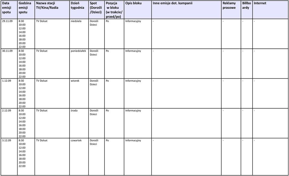 niedziela TV Dolsat poniedziałek TV Dolsat wtorek TV Dolsat środa TV Dolsat czwartek /po) Po