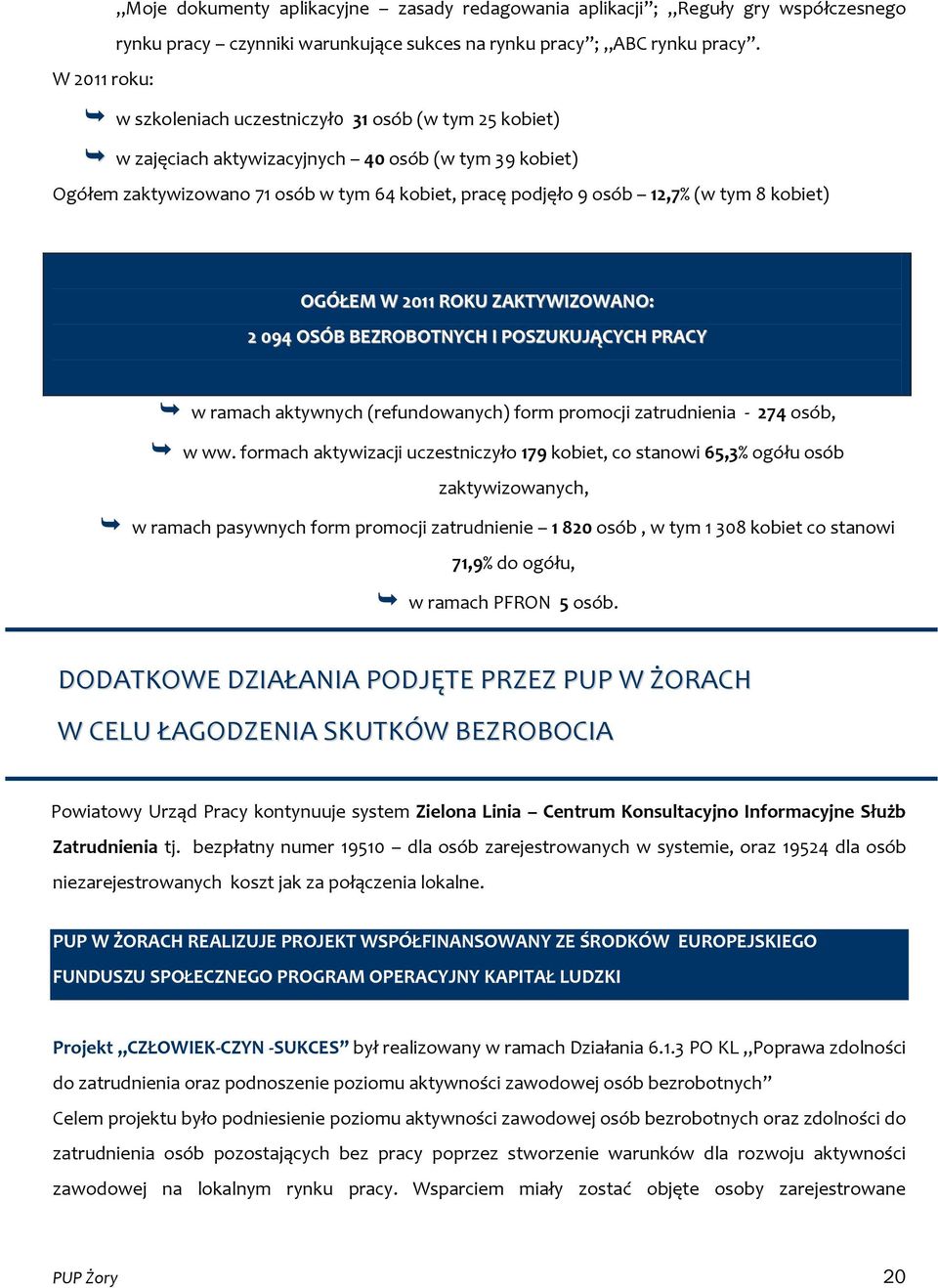 tym 8 kobiet) OGÓŁEM W 2011 ROKU ZAKTYWIZOWANO: 2 094 OSÓB BEZROBOTNYCH I POSZUKUJĄCYCH PRACY w ramach aktywnych (refundowanych) form promocji zatrudnienia - 274 osób, w ww.