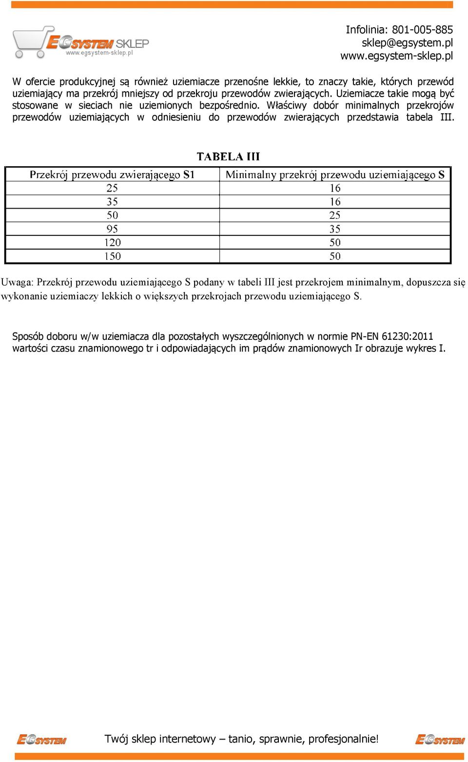 Właściwy dobór minimalnych przekrojów przewodów uziemiających w odniesieniu do przewodów zwierających przedstawia tabela III.