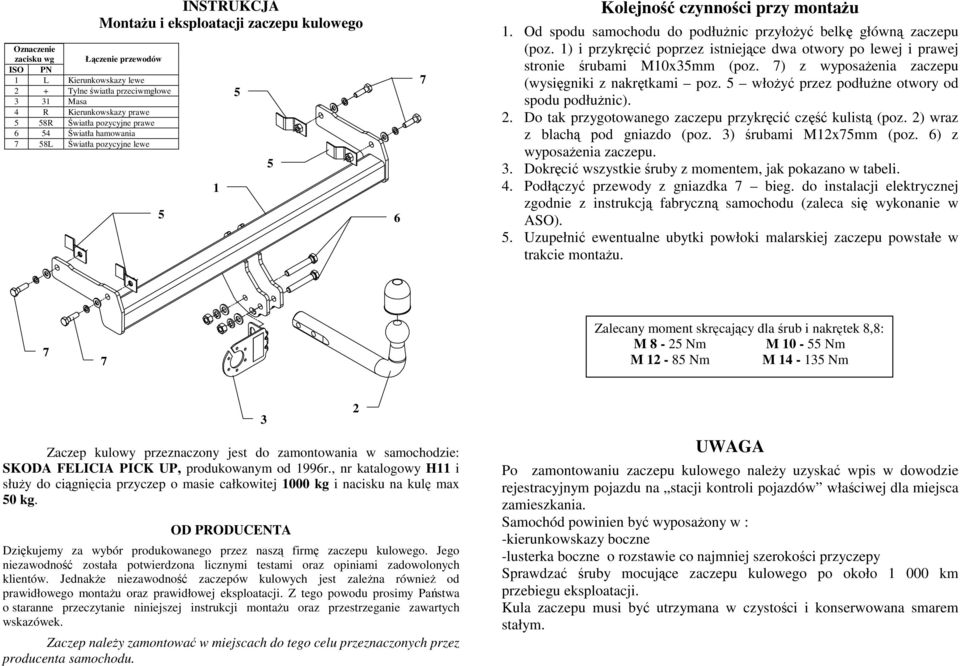 1) i przykręcić poprzez istniejące dwa otwory po lewej i prawej stronie śrubami M10x3mm (poz. ) z wyposaŝenia zaczepu (wysięgniki z nakrętkami poz. włoŝyć przez podłuŝne otwory od spodu podłuŝnic). 2.