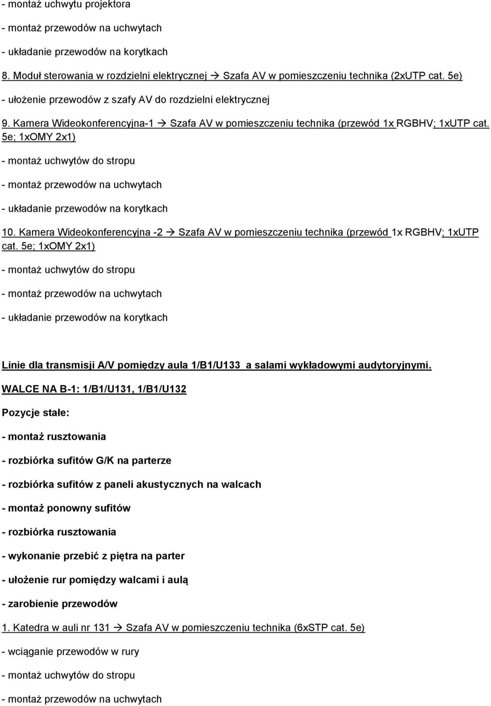 5e; 1xOMY 2x1) - układanie przewodów na korytkach 10. Kamera Wideokonferencyjna -2 Szafa AV w pomieszczeniu technika (przewód 1x RGBHV; 1xUTP cat.