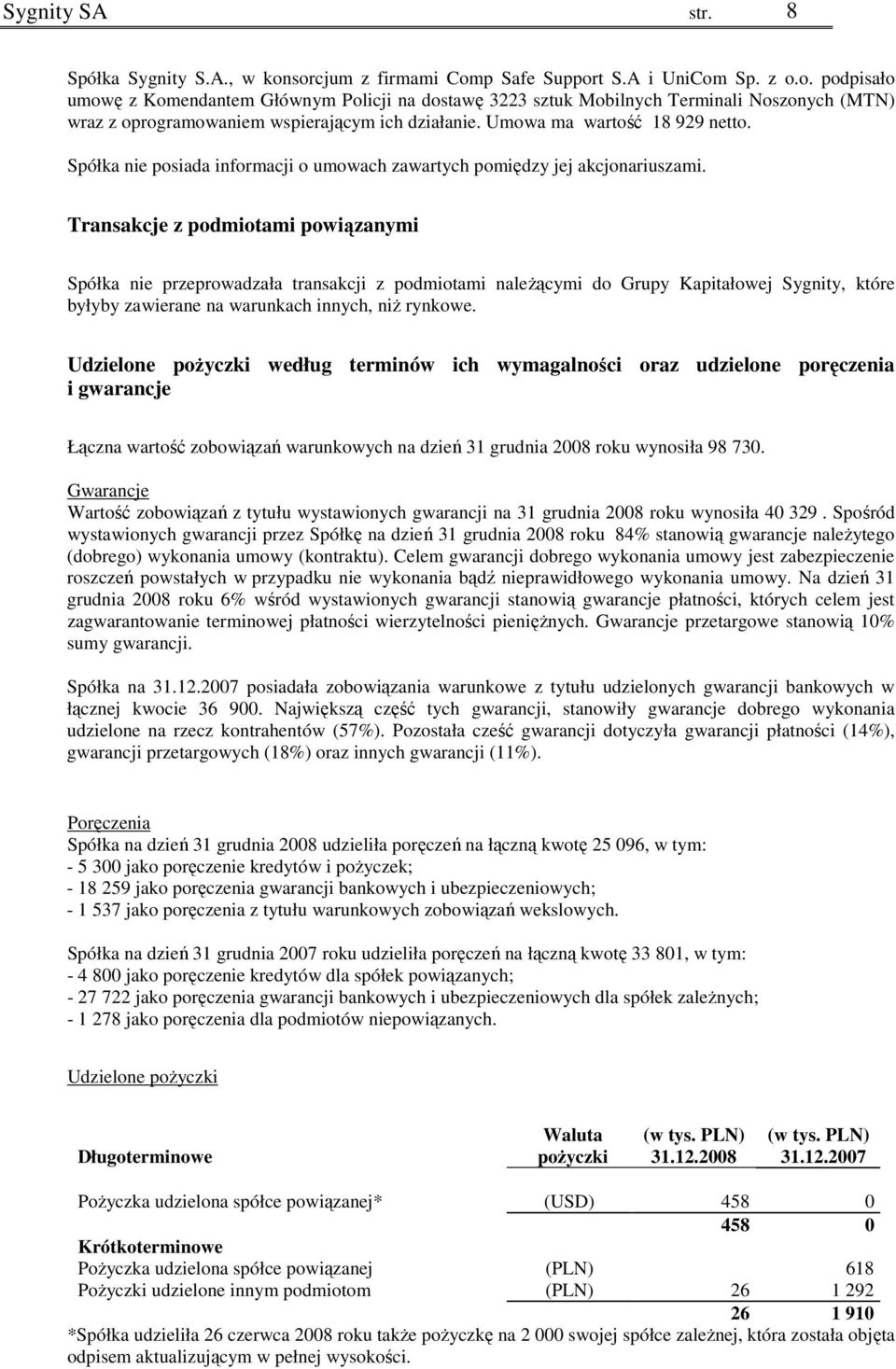 Transakcje z podmiotami powiązanymi Spółka nie przeprowadzała transakcji z podmiotami naleŝącymi do Grupy Kapitałowej Sygnity, które byłyby zawierane na warunkach innych, niŝ rynkowe.