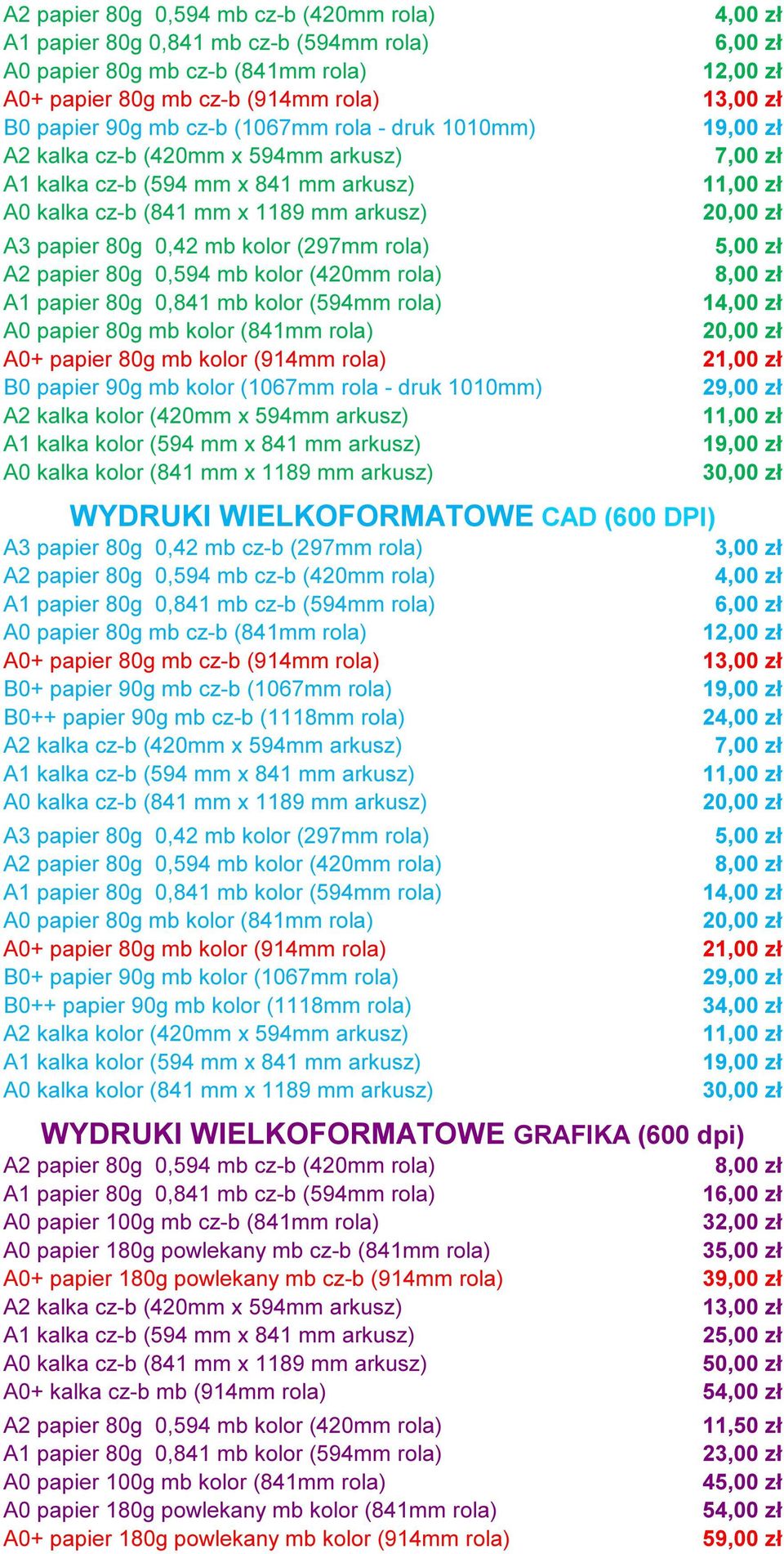 kolor (420mm rola) A1 papier 80g 0,841 mb kolor (594mm rola) 1 A0 papier 80g mb kolor (841mm rola) A0+ papier 80g mb kolor (914mm rola) 2 B0 papier 90g mb kolor (1067mm rola - druk 1010mm) 29,00 zł