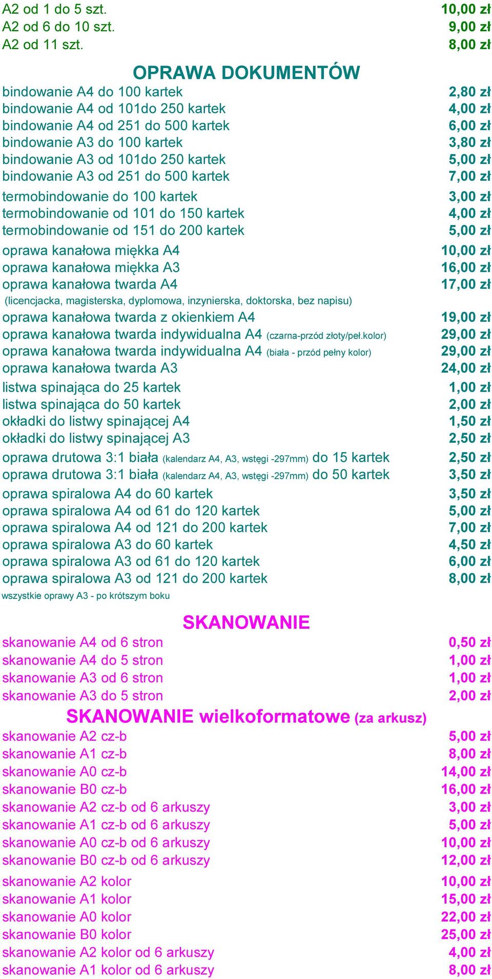 termobindowanie do 100 kartek termobindowanie od 101 do 150 kartek termobindowanie od 151 do 200 kartek oprawa kanałowa miękka A4 oprawa kanałowa miękka A3 oprawa kanałowa twarda A4 (licencjacka,