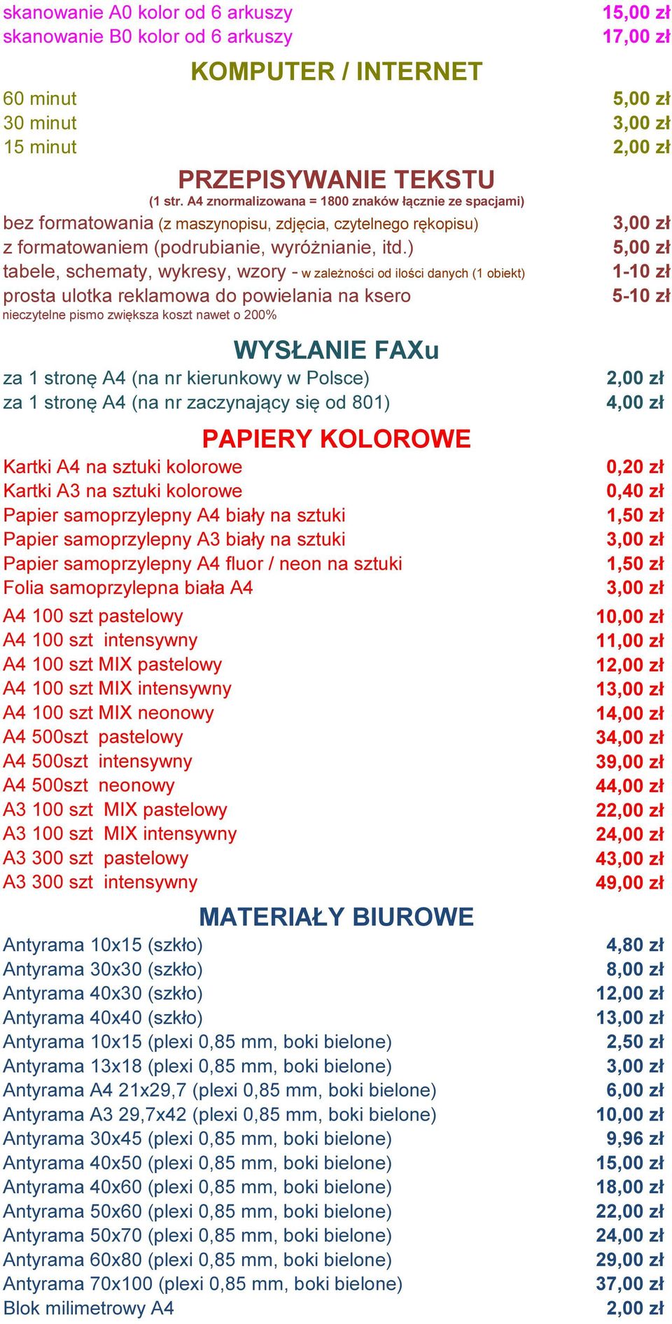 ) tabele, schematy, wykresy, wzory - w zależności od ilości danych (1 obiekt) prosta ulotka reklamowa do powielania na ksero nieczytelne pismo zwiększa koszt nawet o 200% za 1 stronę A4 (na nr