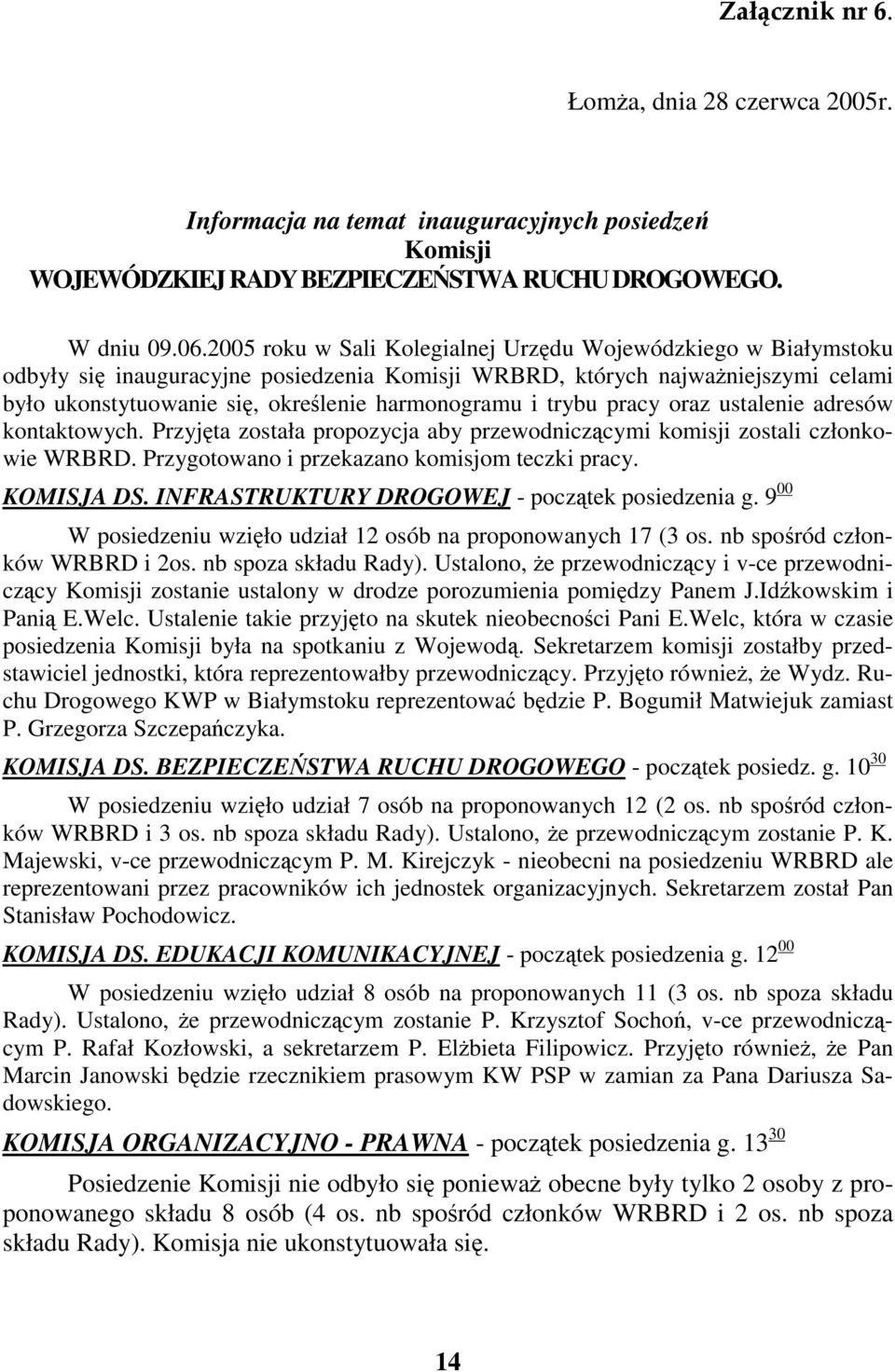 pracy oraz ustalenie adresów kontaktowych. Przyjta została propozycja aby przewodniczcymi komisji zostali członkowie WRBRD. Przygotowano i przekazano komisjom teczki pracy. KOMISJA DS.