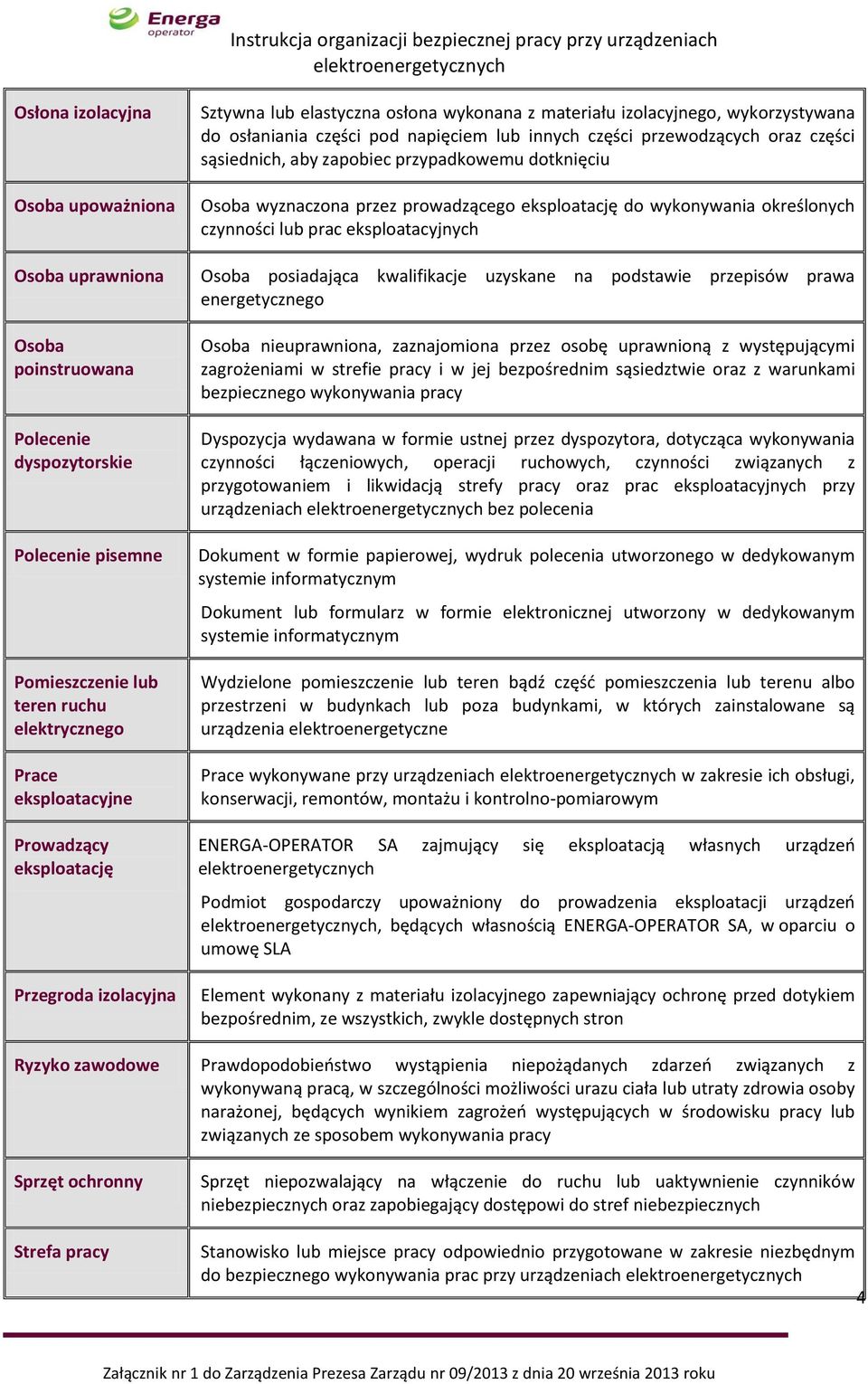 kwalifikacje uzyskane na podstawie przepisów prawa energetycznego Osoba poinstruowana Polecenie dyspozytorskie Polecenie pisemne Pomieszczenie lub teren ruchu elektrycznego Prace eksploatacyjne