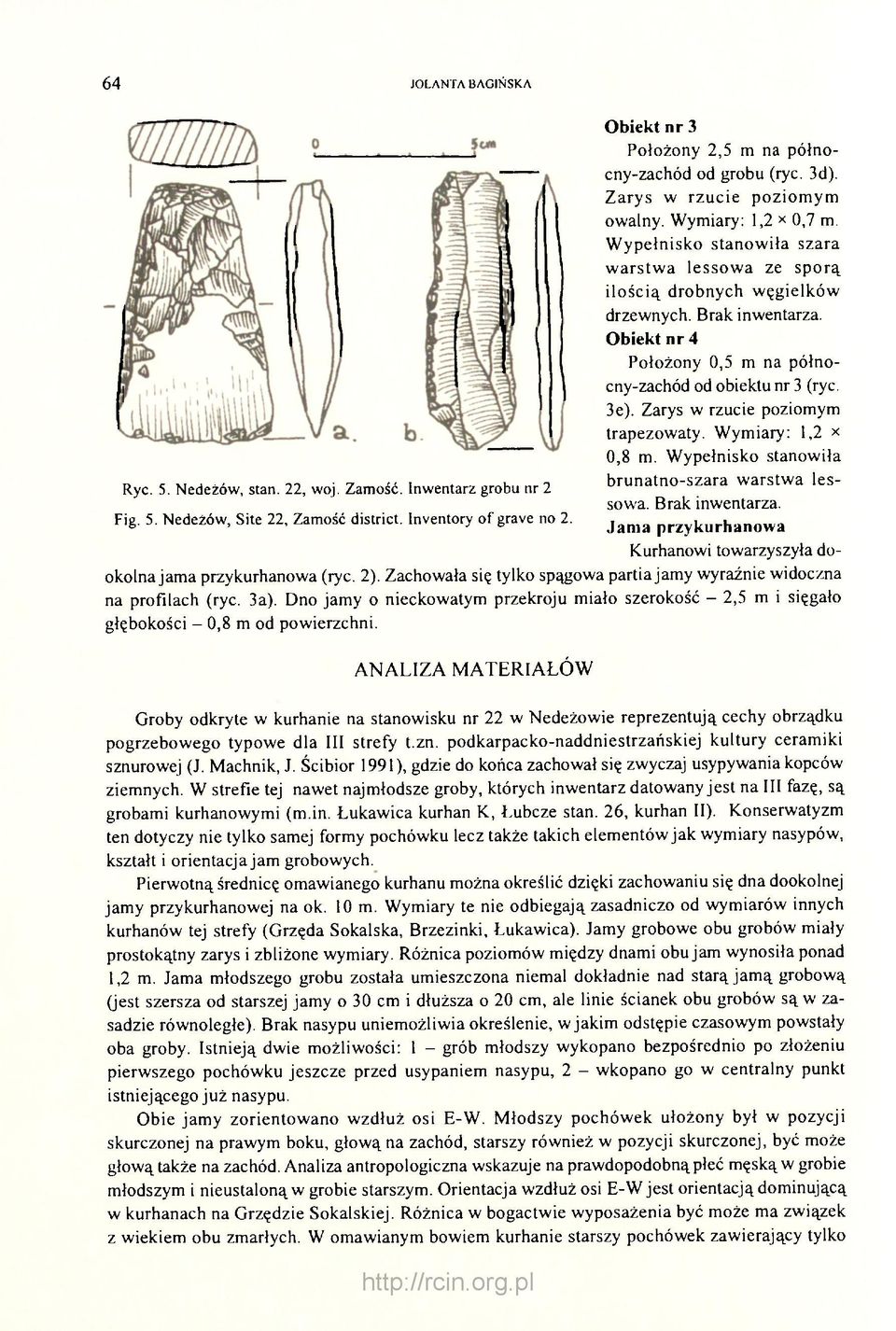 Wypełnisko stanowiła szara warstwa lessowa ze sporą ilością drobnych węgielków drzewnych. Brak inwentarza. Obiekt nr 4 Położony 0,5 m na północny-zachód od obiektu nr 3 (ryc. 3e).