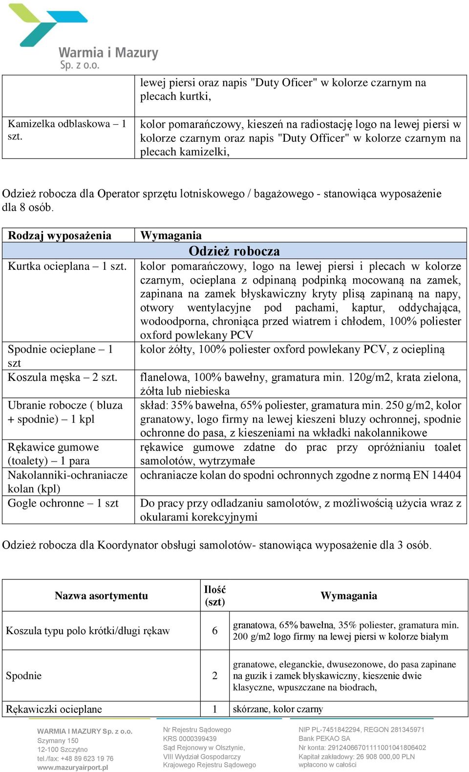 Kurtka ocieplana 1 Spodnie ocieplane 1 szt Koszula męska 2 Ubranie robocze ( bluza + spodnie) 1 kpl Rękawice gumowe (toalety) 1 para Nakolanniki-ochraniacze kolan (kpl) Gogle ochronne 1 szt kolor