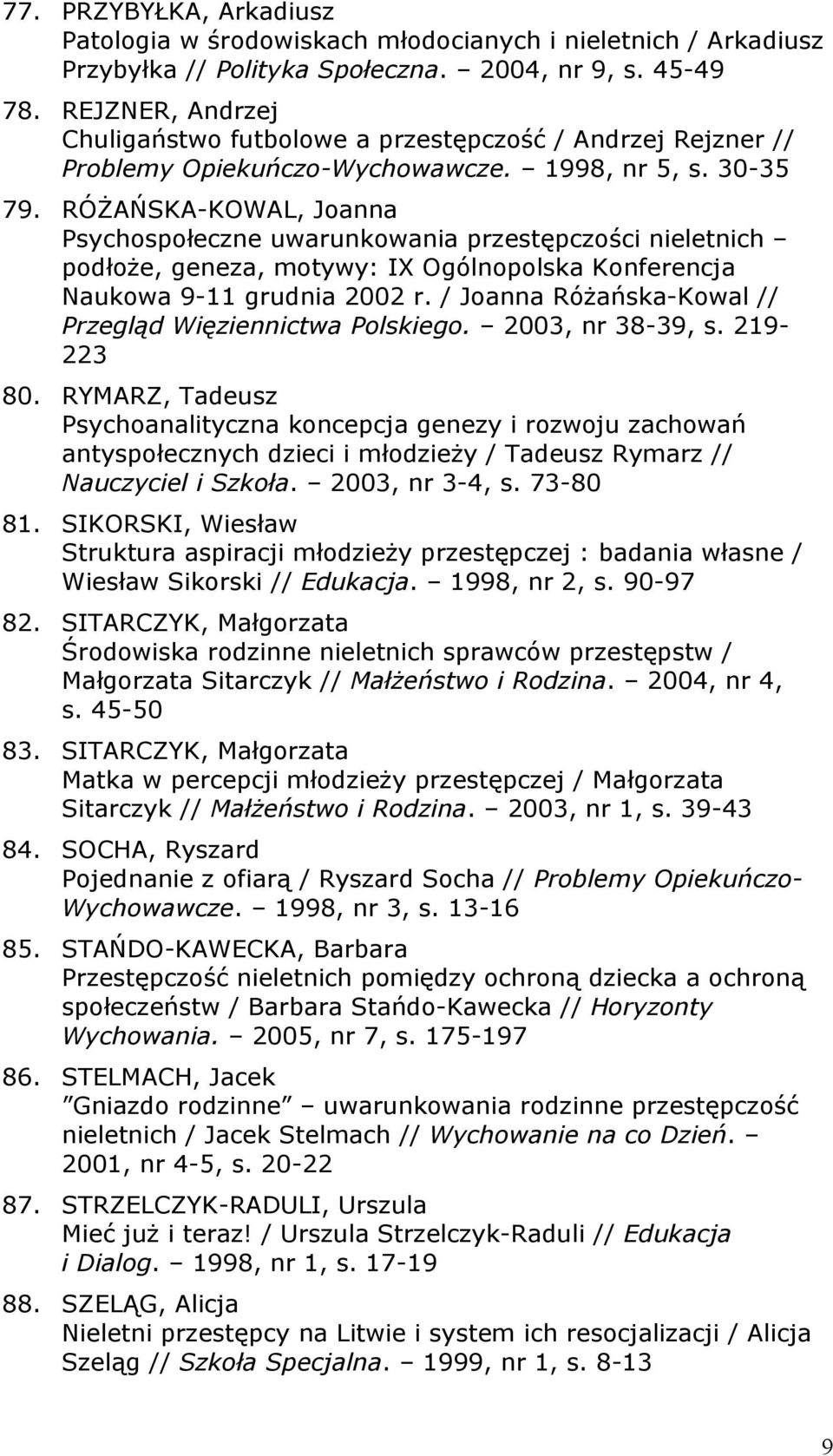 RÓŻAŃSKA-KOWAL, Joanna Psychospołeczne uwarunkowania przestępczości nieletnich podłoże, geneza, motywy: IX Ogólnopolska Konferencja Naukowa 9-11 grudnia 2002 r.