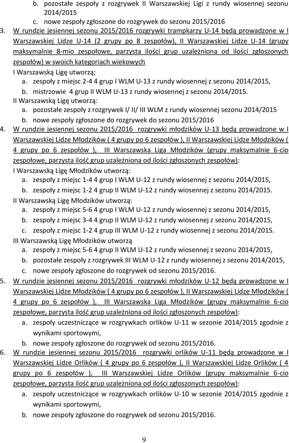 parzysta ilości grup uzależniona od ilości zgłoszonych zespołów) w swoich kategoriach wiekowych I Warszawską Ligę utworzą; a.