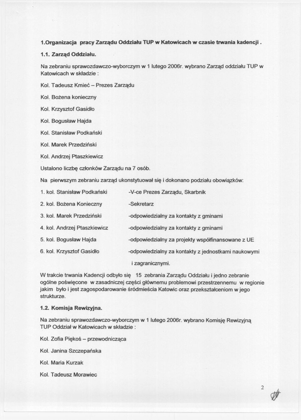 Marek Przedziński Kol. Andrzej Ptaszkiewicz Ustalono liczbę członków Zarządu na 7 osób. Na pierwszym zebraniu zarząd ukonstytuował się i dokonano podziału obowiązków: 1. kol.