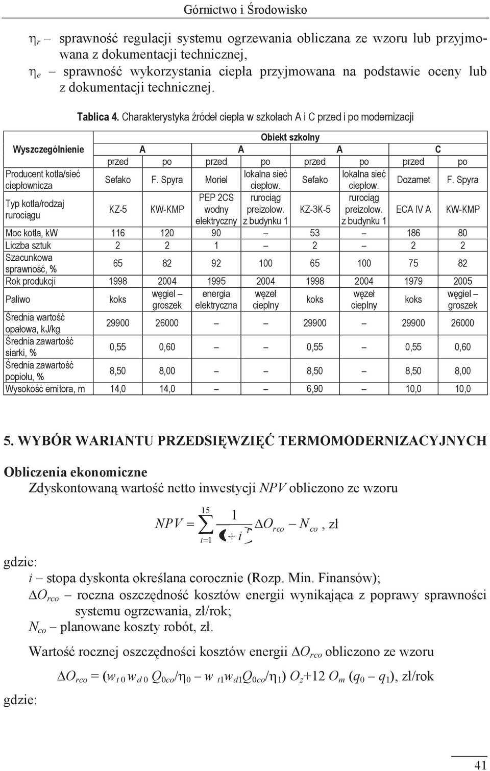 Charakterystyka źródeł ciepła w szkołach A i C przed i po modernizacji Obiekt szkolny A A A C przed po przed po przed po przed po Sefako F. Spyra Moriel lokalna sieć Sefako lokalna sieć Dozamet F.