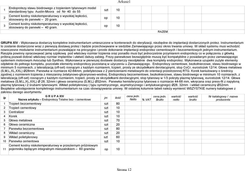 op 10 GRUPA XIV - Wykonawca dostarczy kompletne instrumentarium umieszczone w kontenerach do sterylizacji, niezbędne do implantacji dostarczonych protez.