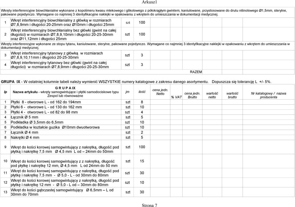 Wymagane co najmniej 3 identyfikacyjne naklejki w opakowaniu z wkrętem do umieszczania w dokumentacji medycznej.