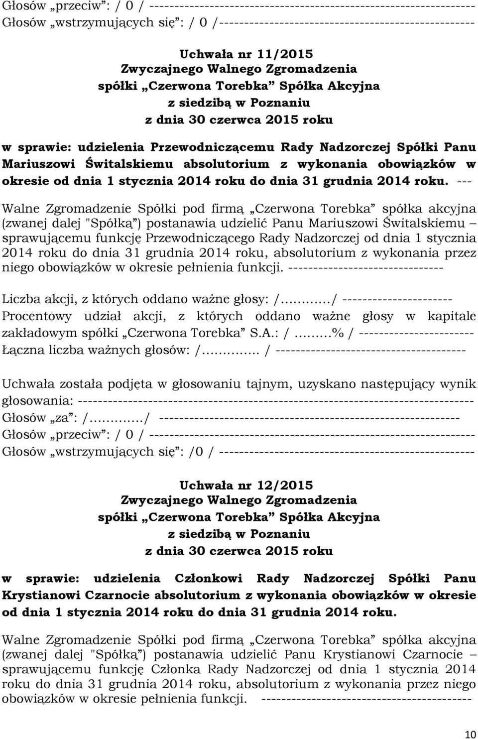 Świtalskiemu absolutorium z wykonania obowiązków w okresie od dnia 1 stycznia 2014 roku do dnia 31 grudnia 2014 roku.