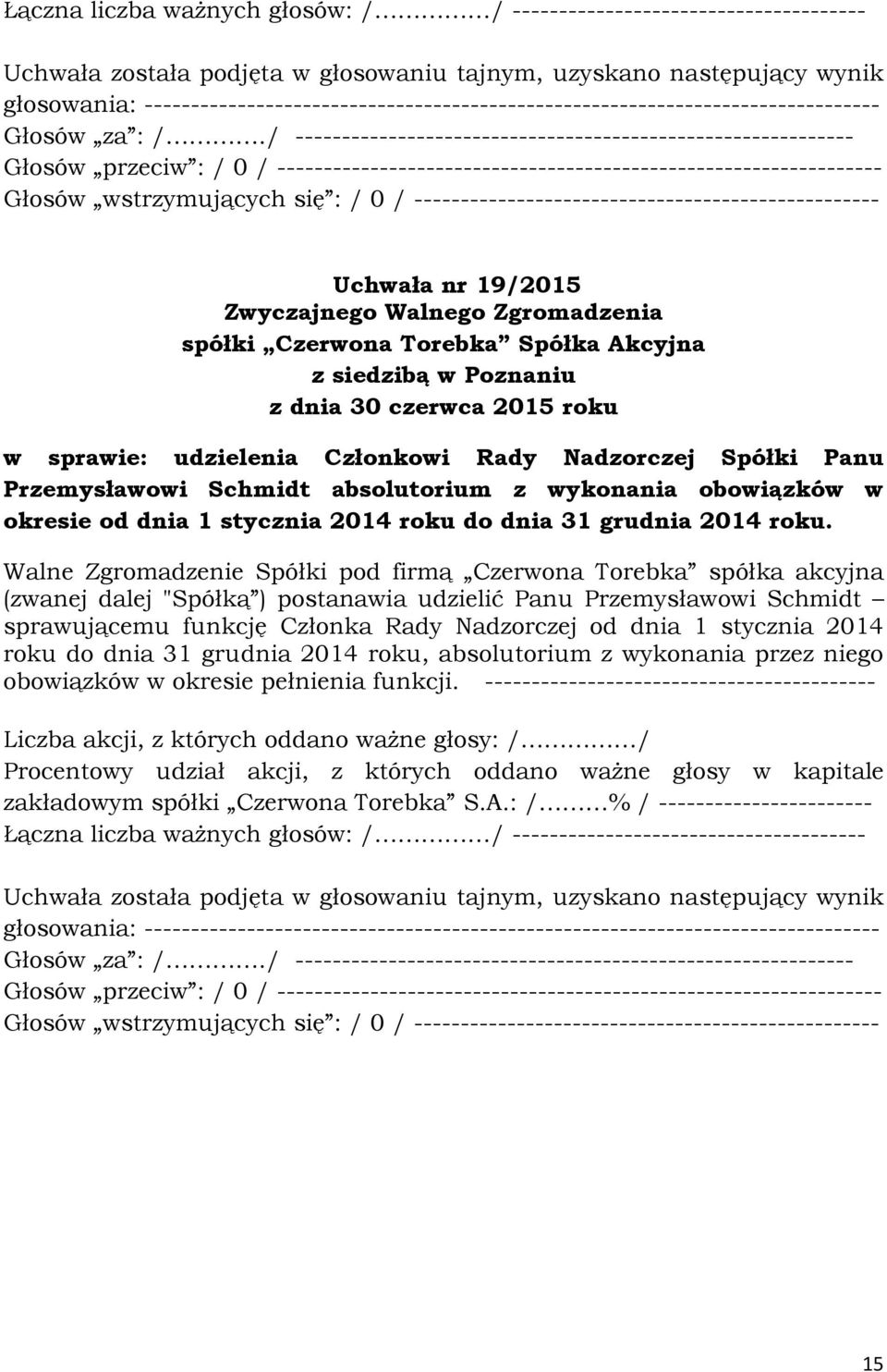 / ------------------------------------------------------------ Głosów przeciw : / 0 / ----------------------------------------------------------------- Głosów wstrzymujących się : / 0 /