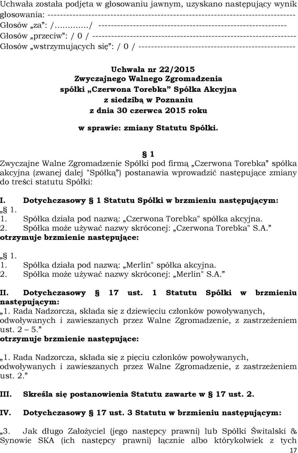 -------------------------------------------------- Uchwała nr 22/2015 Zwyczajnego Walnego Zgromadzenia spółki Czerwona Torebka Spółka Akcyjna z siedzibą w Poznaniu z dnia 30 czerwca 2015 roku w