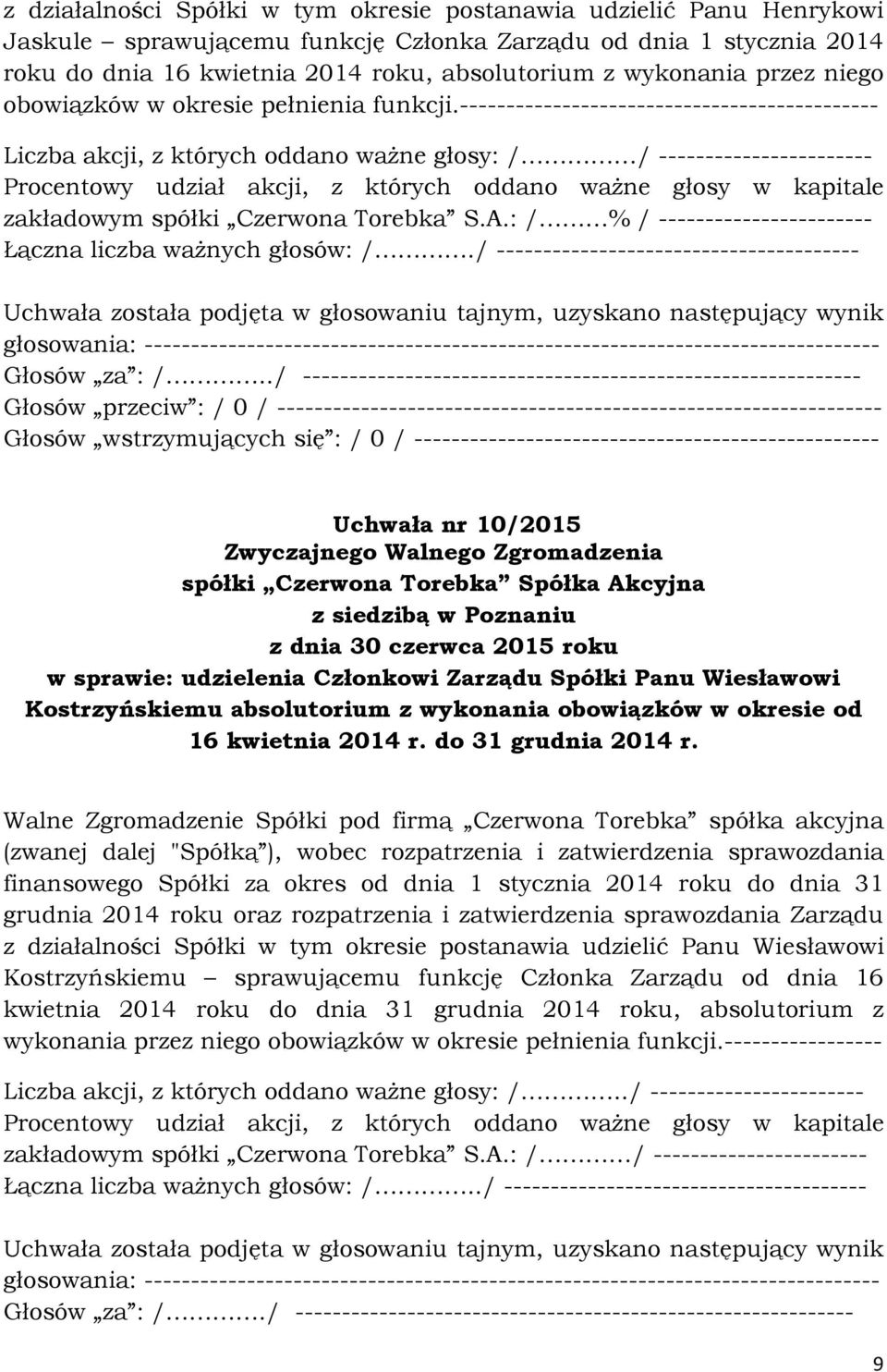 --------------------------------------------- Liczba akcji, z których oddano waŝne głosy: / / ----------------------- Procentowy udział akcji, z których oddano waŝne głosy w kapitale zakładowym