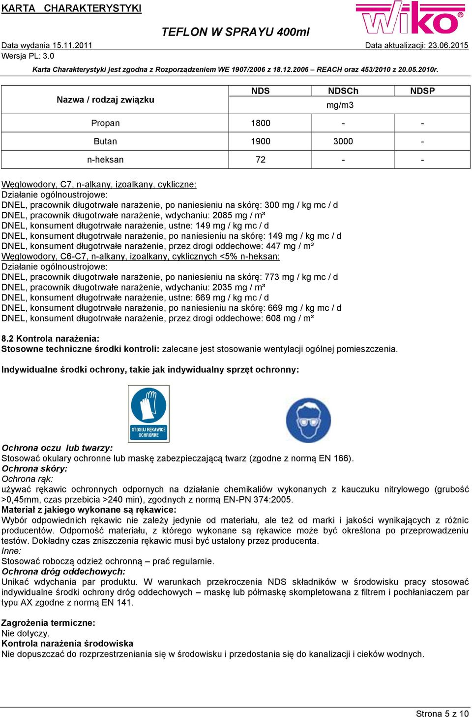 długotrwałe narażenie, po naniesieniu na skórę: 149 mg / kg mc / d DNEL, konsument długotrwałe narażenie, przez drogi oddechowe: 447 mg / m³ Węglowodory, C6-C7, n-alkany, izoalkany, cyklicznych <5%