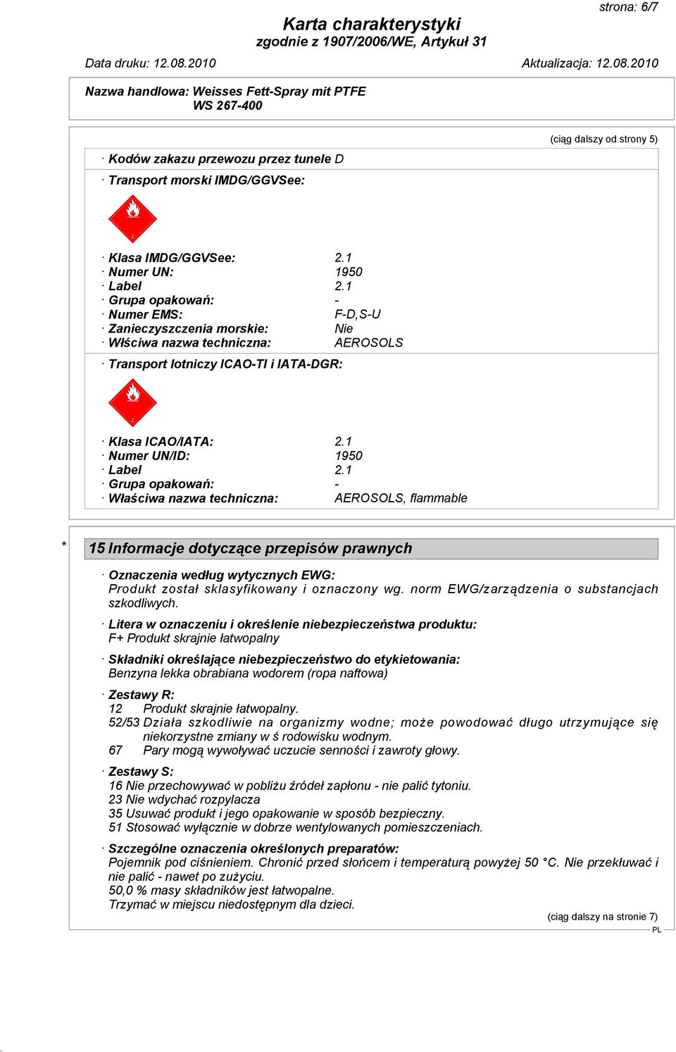 1 Grupa opakowań: - Właściwa nazwa techniczna: AEROSOLS, flammable (ciąg dalszy od strony 5) * 15 Informacje dotyczące przepisów prawnych Oznaczenia według wytycznych EWG: Produkt został