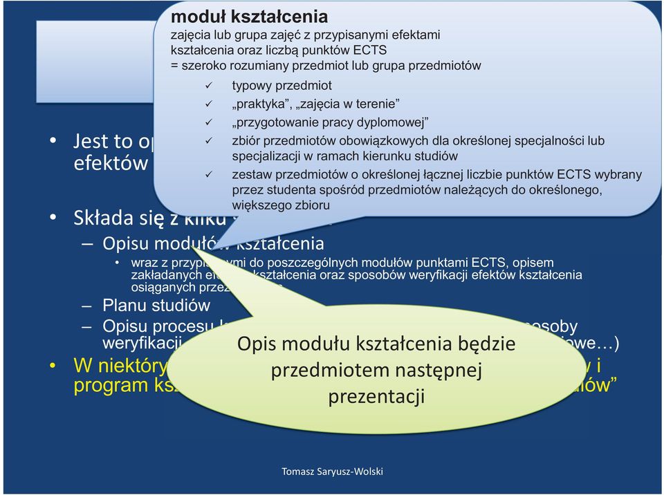 modułów kształcenia typowy przedmiot praktyka, zajęcia w terenie przygotowanie pracy dyplomowej zestaw przedmiotów o określonej łącznej liczbie punktów ECTS wybrany przez studenta spośród przedmiotów