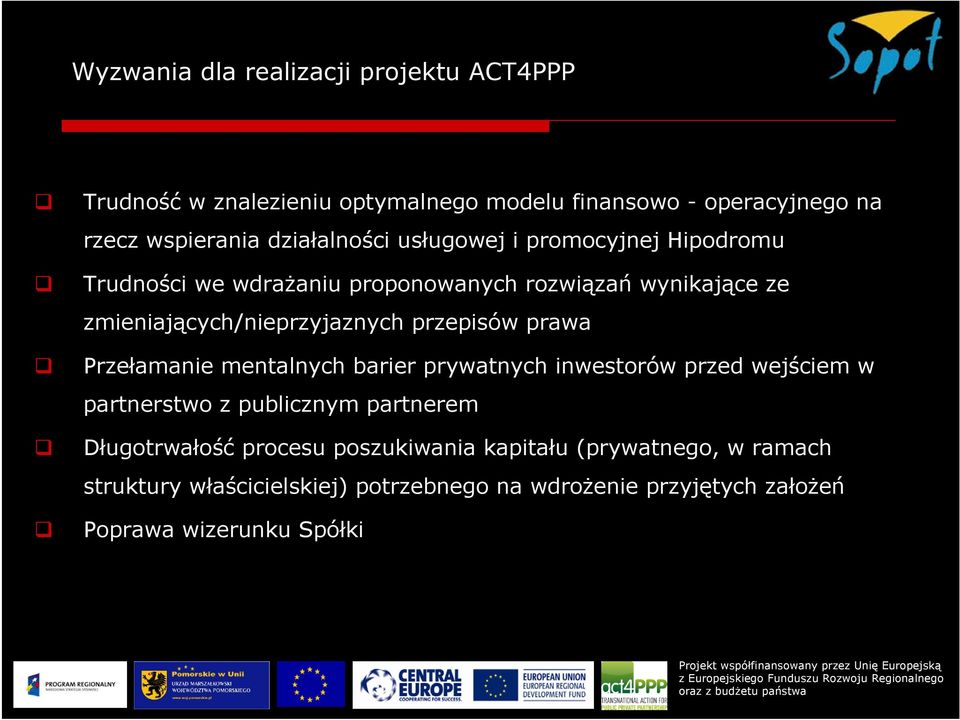 przepisów prawa Przełamanie mentalnych barier prywatnych inwestorów przed wejściem w partnerstwo z publicznym partnerem Długotrwałość