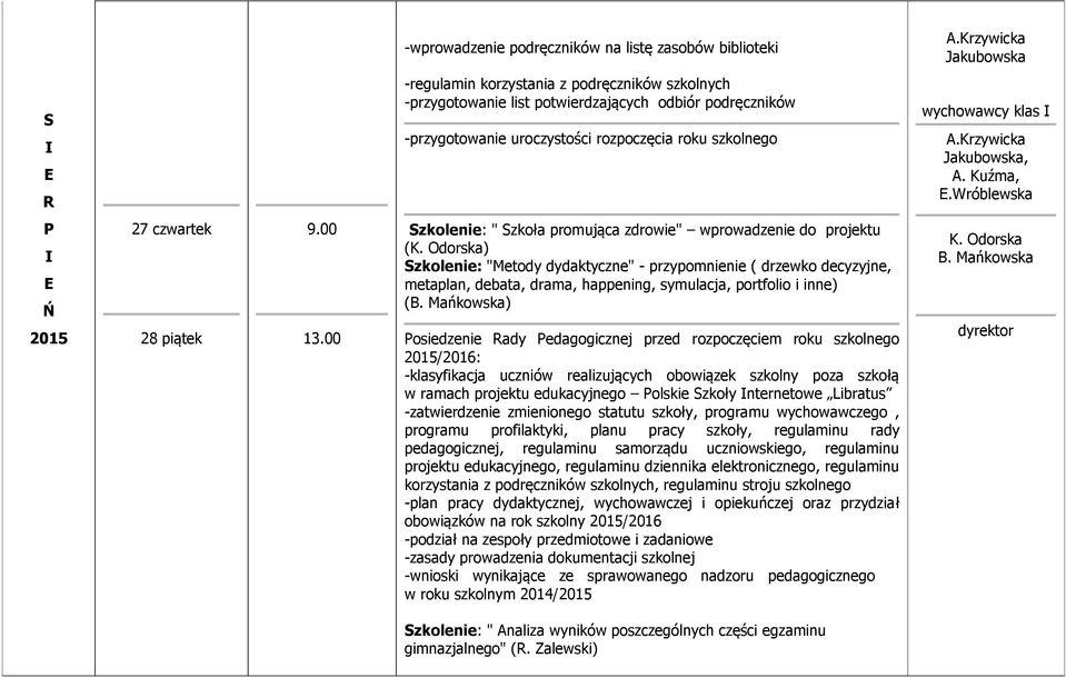 Krzywicka Jakubowska, A. Kuźma,.Wróblewska P 27 czwartek 28 piątek 9.00 13.00 zkolenie: " zkoła promująca zdrowie" wprowadzenie do projektu (K.