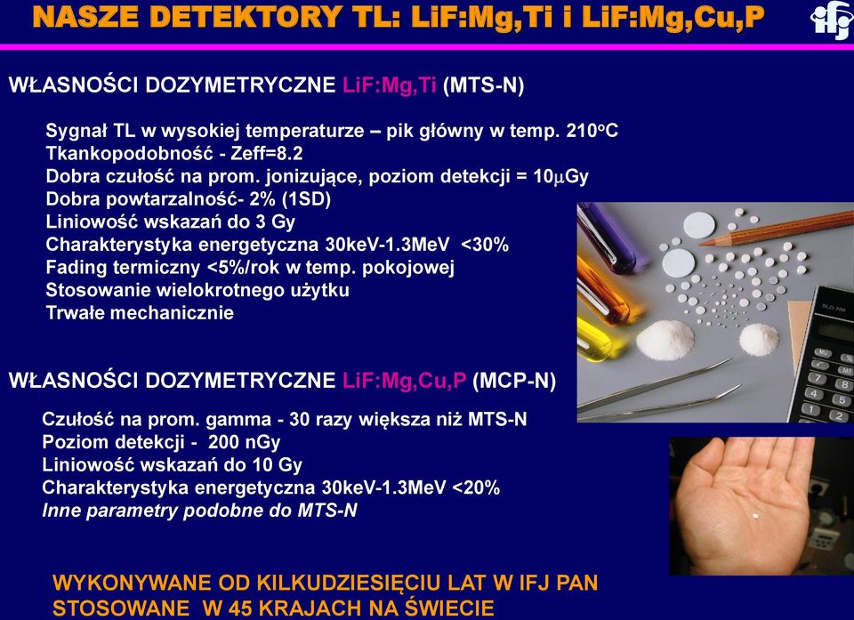 3MeV <30% Fading termiczny <5%/rok w temp. pokojowej Stosowanie wielokrotnego użytku Trwałe mechanicznie WŁASNOŚCI DOZYMETRYCZNE LiF:Mg,Cu,P (MCP-N) Czułość na prom.