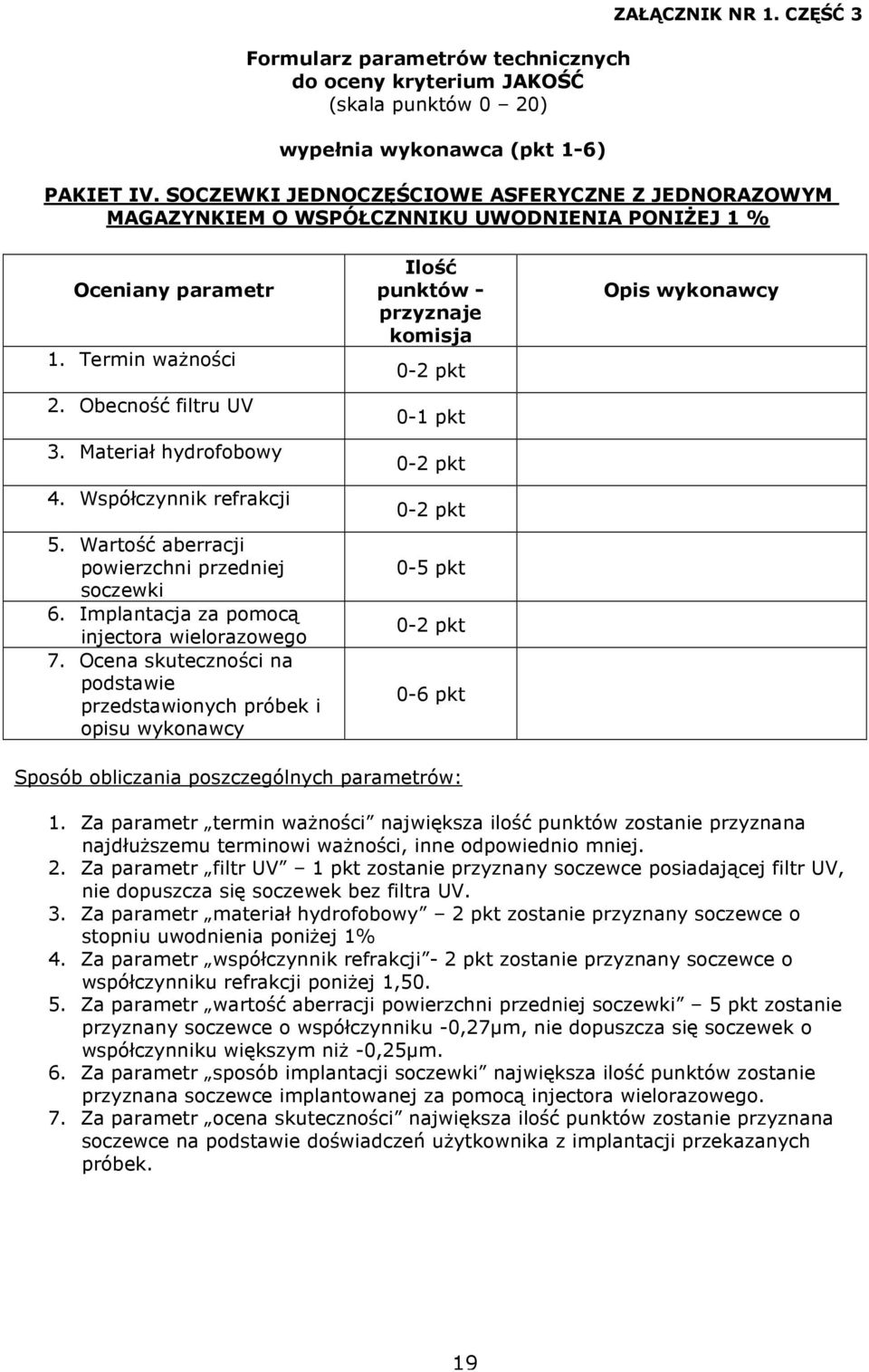 Współczynnik refrakcji 5. Wartość aberracji powierzchni przedniej soczewki 6. Implantacja za pomocą injectora wielorazowego 7.