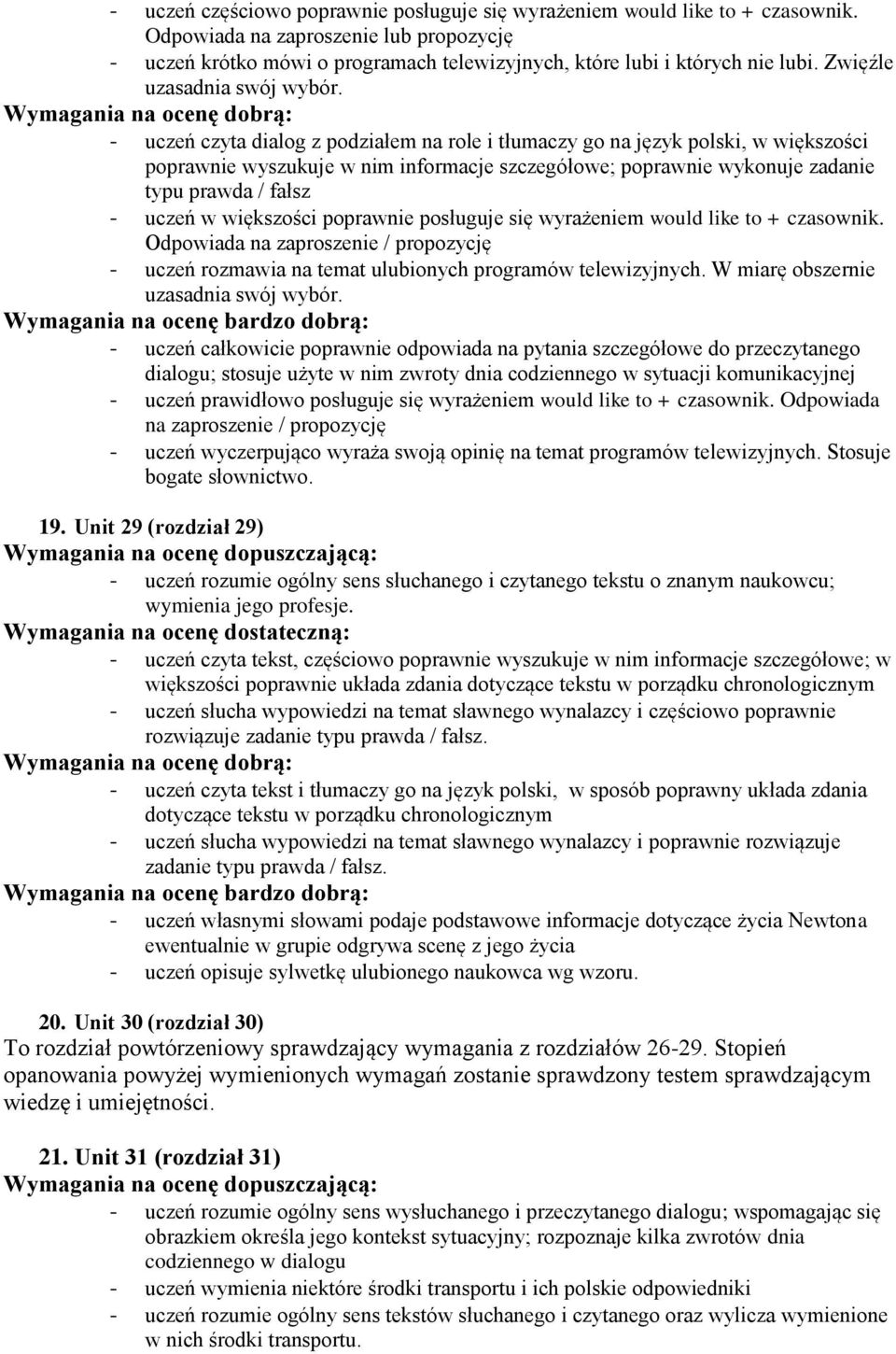 poprawnie wyszukuje w nim informacje szczegółowe; poprawnie wykonuje zadanie typu prawda / fałsz - uczeń w większości poprawnie posługuje się wyrażeniem would like to + czasownik.