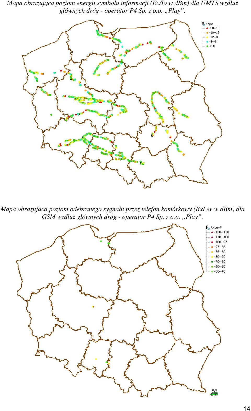 Mapa obrazująca poziom odebranego sygnału przez telefon komórkowy