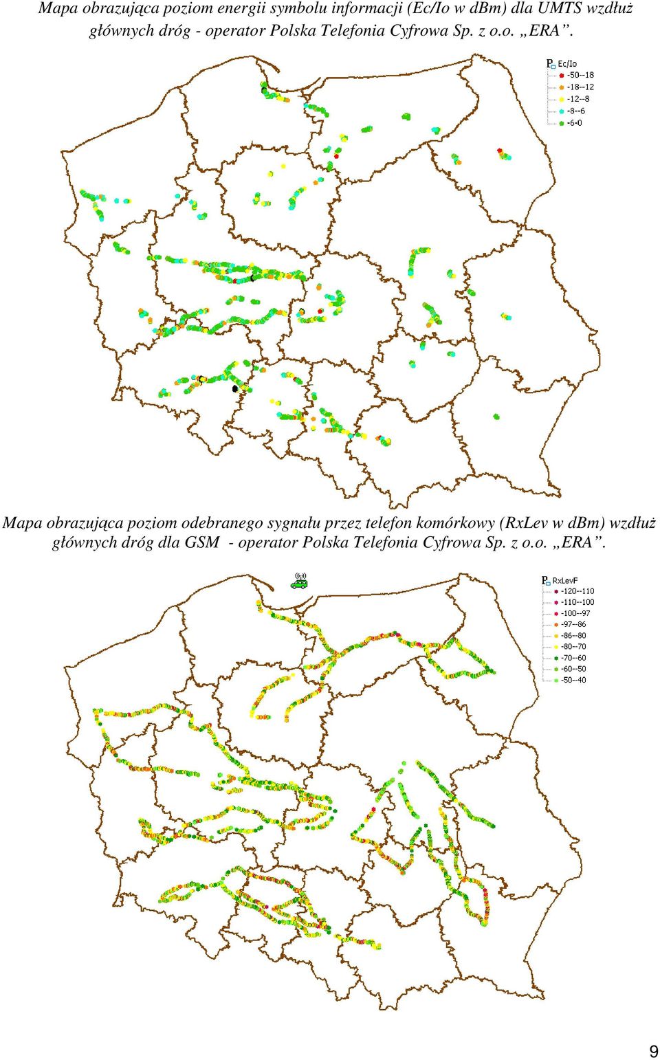 Mapa obrazująca poziom odebranego sygnału przez telefon komórkowy (RxLev w