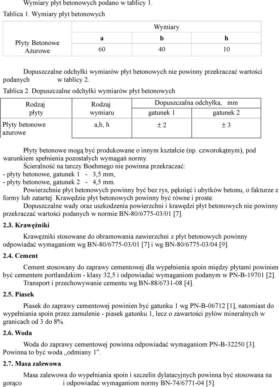 Dopuszczalne odchyłki wymiarów płyt betonowych Płyty betonowe ażurowe Rodzaj Rodzaj Dopuszczalna odchyłka, mm płyty wymiaru gatunek 1 gatunek 2 a,b, h ± 2 ± 3 Płyty betonowe mogą być produkowane o