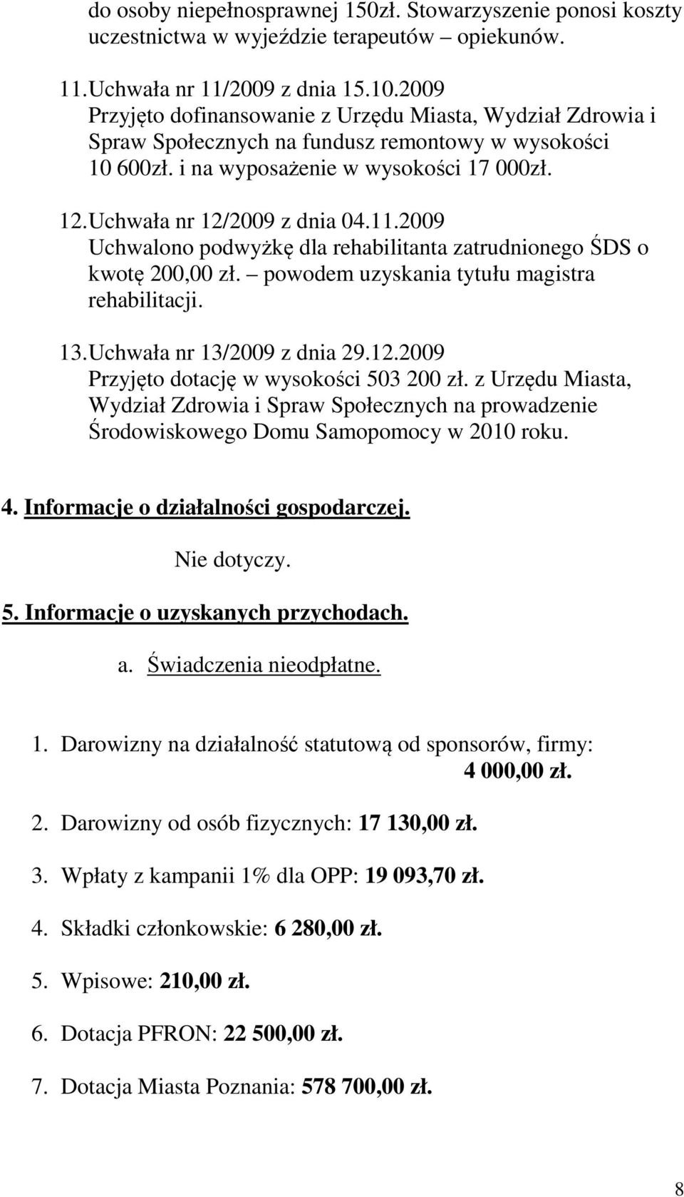 2009 Uchwalono podwyżkę dla rehabilitanta zatrudnionego ŚDS o kwotę 200,00 zł. powodem uzyskania tytułu magistra rehabilitacji. 13. Uchwała nr 13/2009 z dnia 29.12.