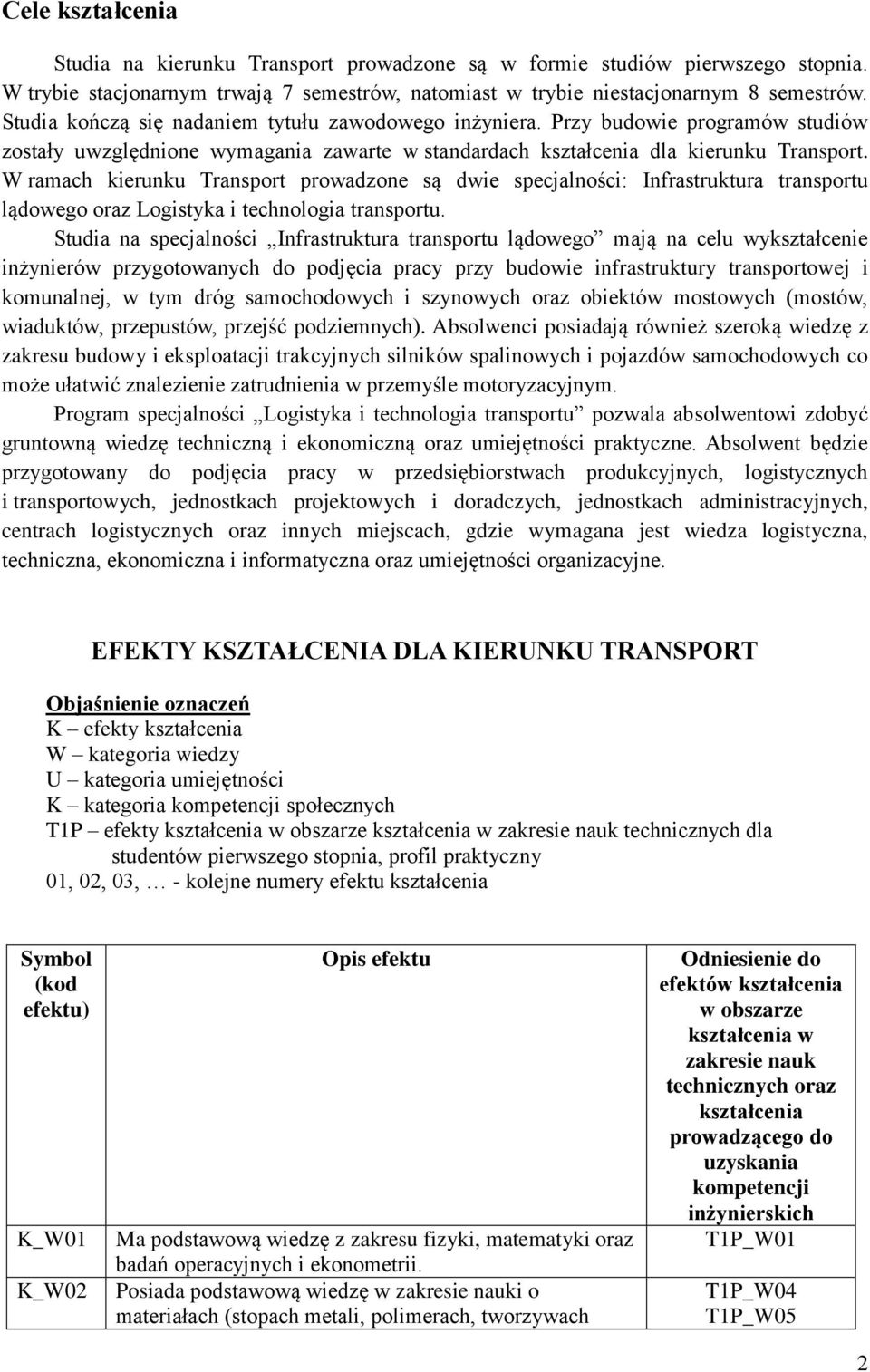 W ramach kierunku Transport prowadzone są dwie specjalności: Infrastruktura transportu lądowego oraz Logistyka i technologia transportu.