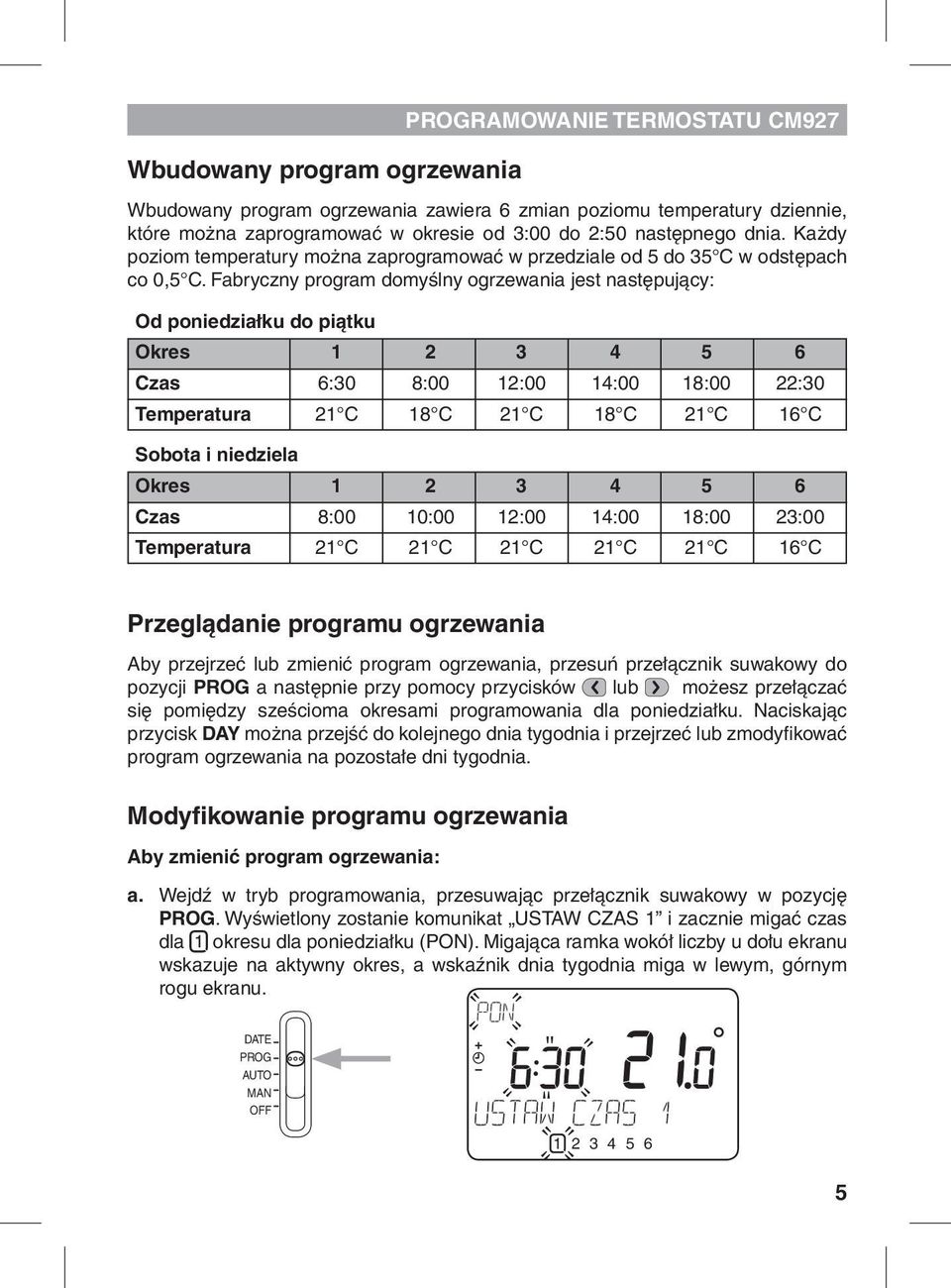 Fabryczny program domyślny ogrzewania jest następujący: Od poniedziałku do piątku Okres 1 2 3 4 5 6 Czas 6:30 8:00 12:00 14:00 18:00 22:30 Temperatura 21 C 18 C 21 C 18 C 21 C 16 C Sobota i niedziela