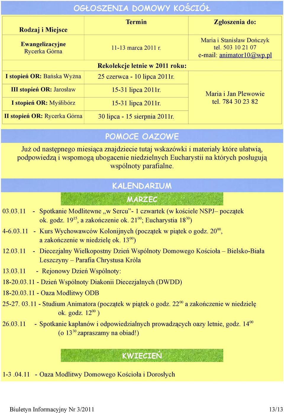 II stopień OR: Rycerka Górna 30 lipca - 15 sierpnia 2011r. Maria i Jan Plewowie tel.