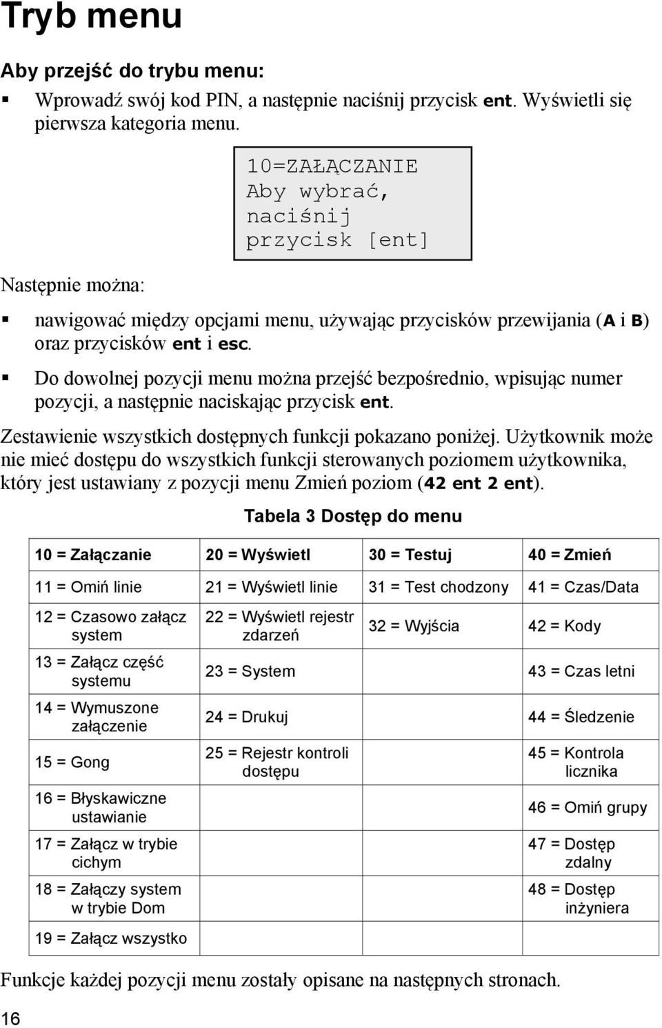 Do dowolnej pozycji menu można przejść bezpośrednio, wpisując numer pozycji, a następnie naciskając przycisk ent. Zestawienie wszystkich dostępnych funkcji pokazano poniżej.