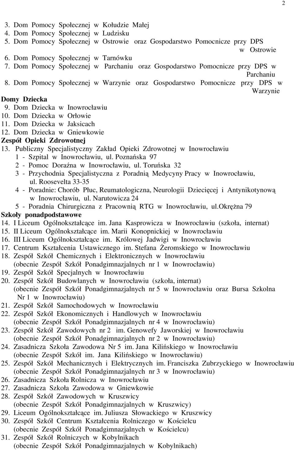 Dom Pomocy Społecznej w Warzynie oraz Gospodarstwo Pomocnicze przy DPS w Warzynie Domy Dziecka 9. Dom Dziecka w Inowrocławiu 10. Dom Dziecka w Orłowie 11. Dom Dziecka w Jaksicach 12.