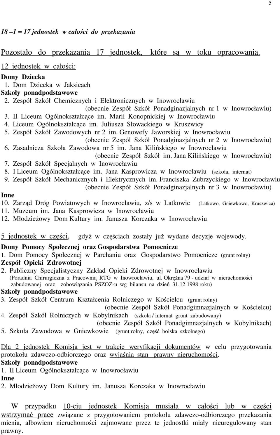 Liceum Ogólnokształcące im. Juliusza Słowackiego w Kruszwicy 5. Zespół Szkół Zawodowych nr 2 im. Genowefy Jaworskiej w Inowrocławiu (obecnie Zespół Szkół Ponadginazjalnych nr 2 w Inowrocławiu) 6.