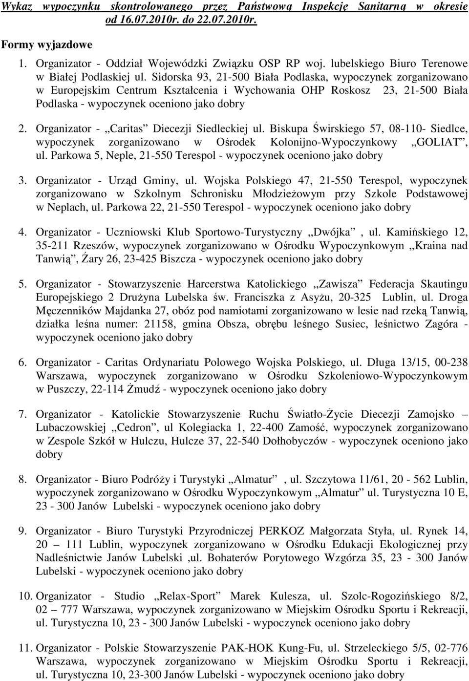 Sidorska 93, 21-500 Biała Podlaska, wypoczynek zorganizowano w Europejskim Centrum Kształcenia i Wychowania OHP Roskosz 23, 21-500 Biała Podlaska - 2. Organizator - Caritas Diecezji Siedleckiej ul.