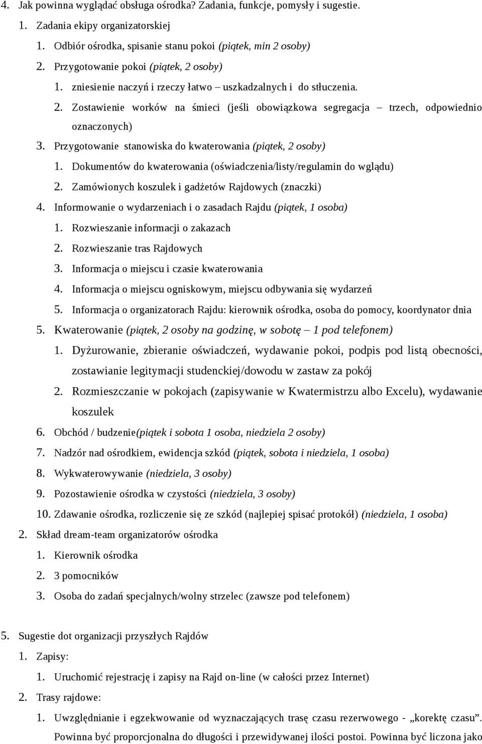 Przygotowanie stanowiska do kwaterowania (piątek, 2 osoby) 1. Dokumentów do kwaterowania (oświadczenia/listy/regulamin do wglądu) 2. Zamówionych koszulek i gadżetów Rajdowych (znaczki) 4.